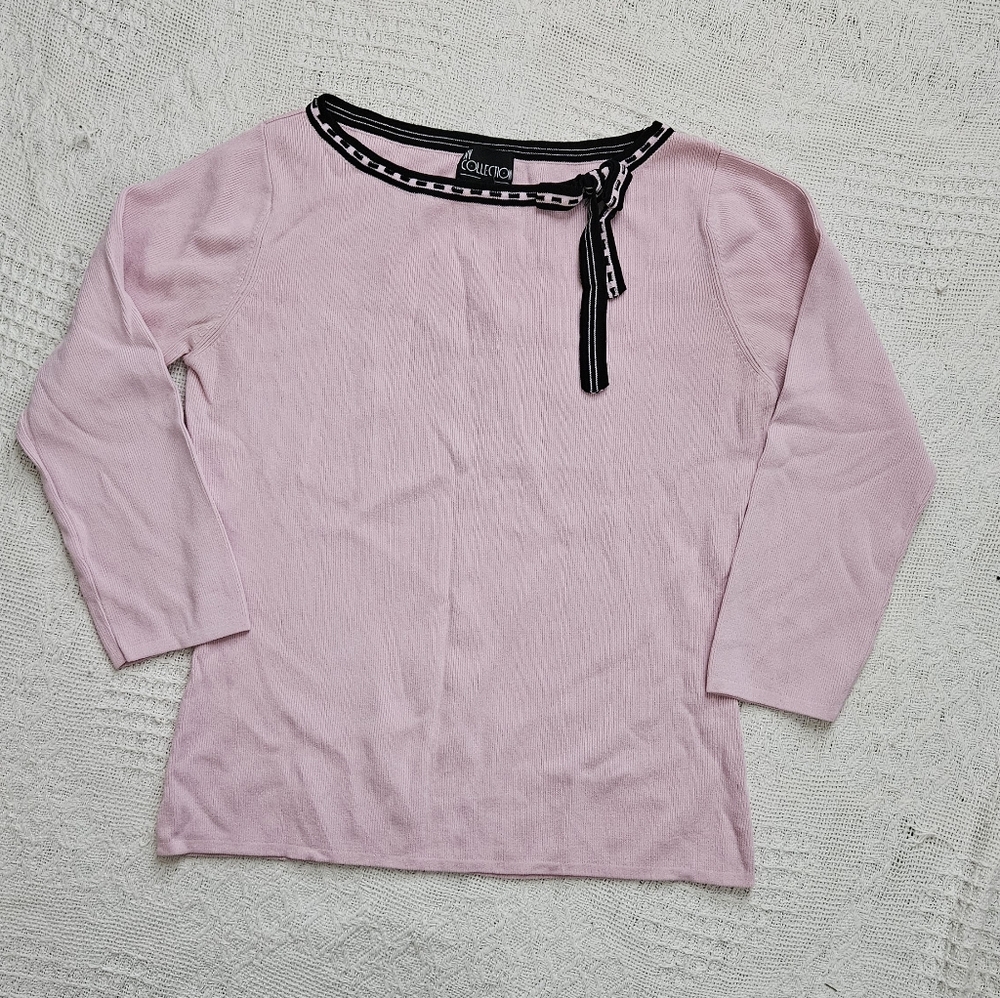 Vintage NY Collection Light Pink Black Ribbon Detail 3/4 Sleeve Sweater Small
